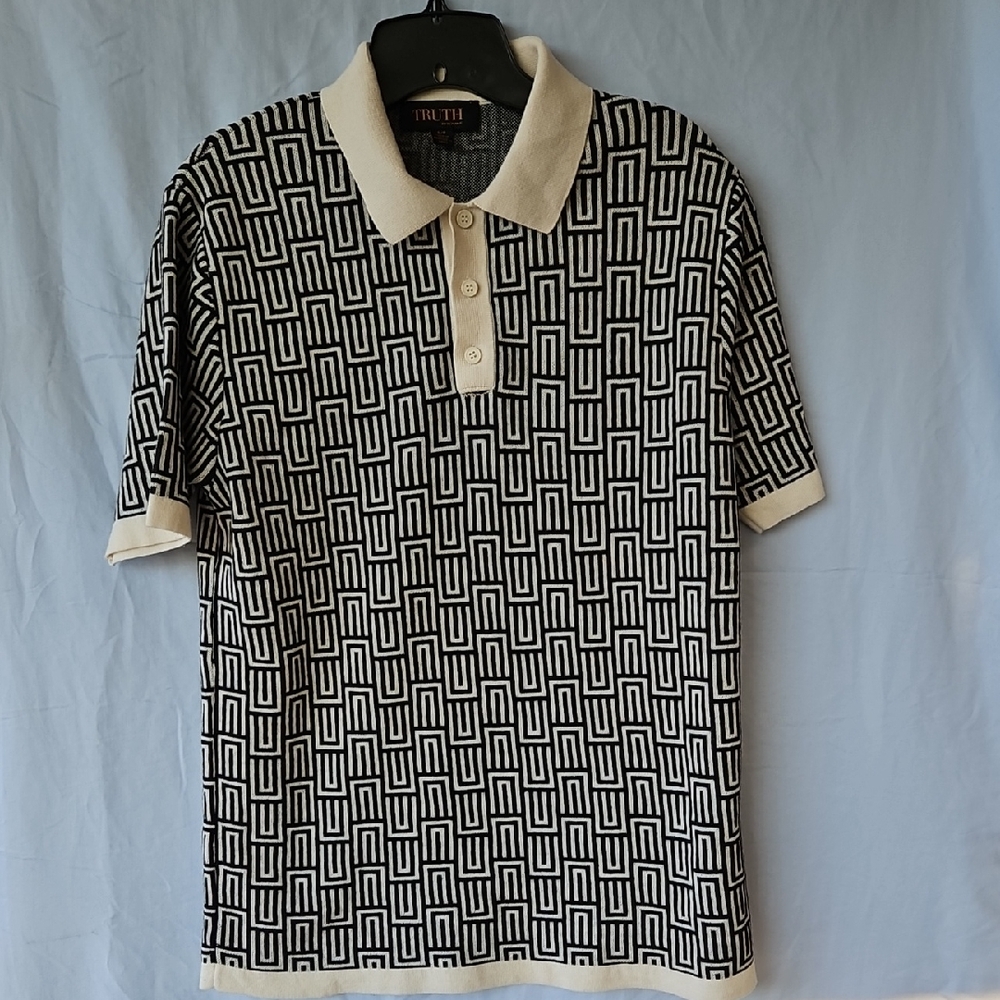 Truth By Republic Black & Cream Geometric Polo.  Size S